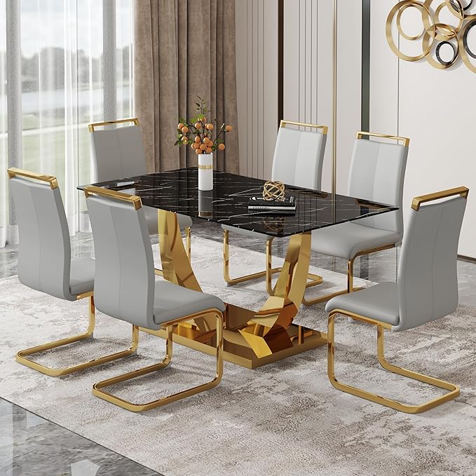 63” Dining Room Table Set for 6,Gold Rectangle Kitchen Table Set with PU Leather Chairs,Black Faux Marble Tempered Glass Top and Golden Base