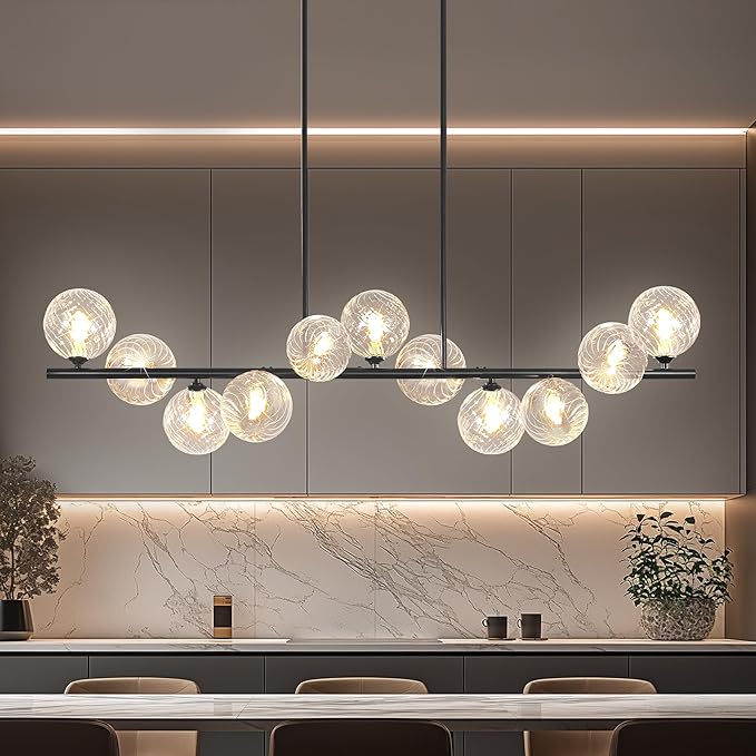 Linear Chandeliers for Dining Room, 51" Dining Room Light Fixture with Clear Swirled Glass Globe 11 Lights Black Sputnik Chandelier Bubble Large Chandelier Modern Farmhouse Island Light