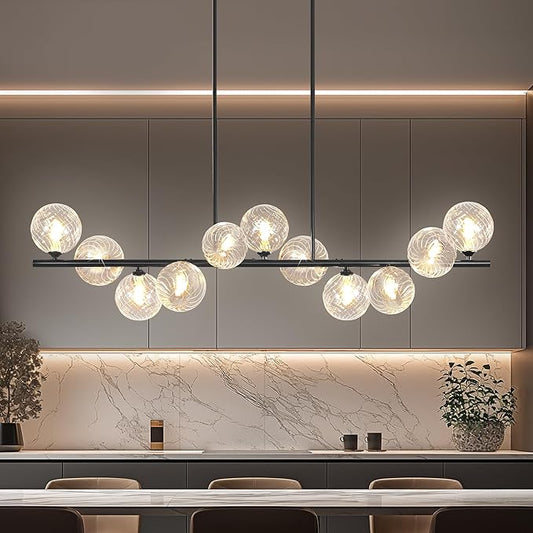 Linear Chandeliers for Dining Room, 51" Dining Room Light Fixture with Clear Swirled Glass Globe 11 Lights Black Sputnik Chandelier Bubble Large Chandelier Modern Farmhouse Island Light