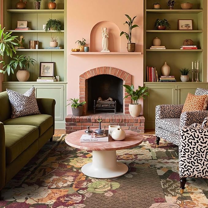 GENIMO 5X7 Floral Area Rugs for Living Room, Machine Washable Non Slip Vintage Patchwork Washable Rug, Ultra-Thin Low Pile Chenille Rugs for Bedroom, Dining Room, Auburn Cinnamon