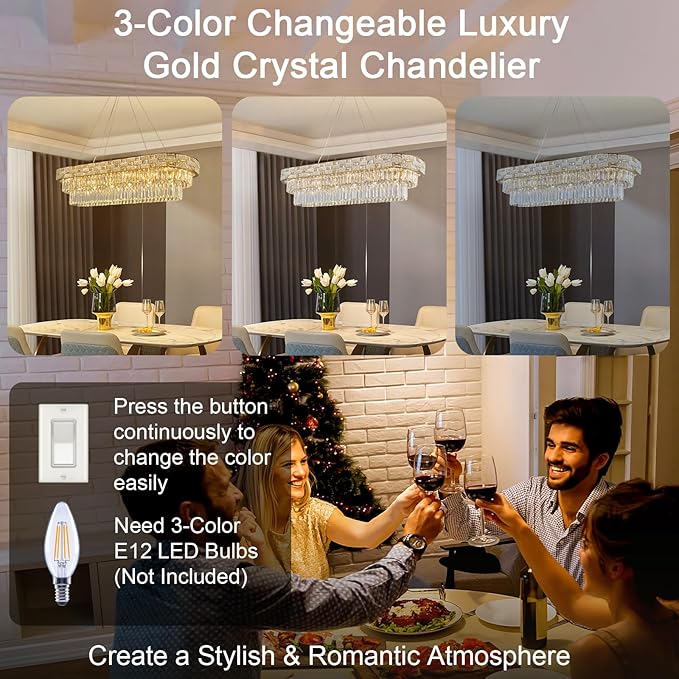 Crystal Chandeliers, 49.2" 18-Light Gold Chandelier for Dining Room, Rectangular Chandelier for Kitchen, Living Room Chandeliers, Island Lights Hanging Lights Dimmable