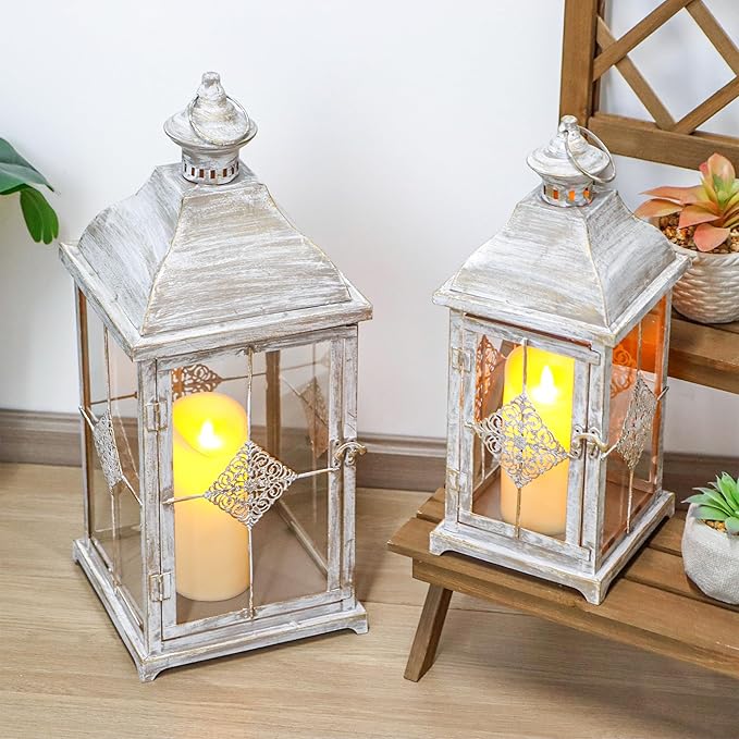 TRIROCKS 20"&15" H Decorative Candle Lantern Set of 2 Outdoor Lantern with Tempered Glass Metal Candle Holder for Porch Ideal for Country Style Gardens Home Decor Indoor Outdoor