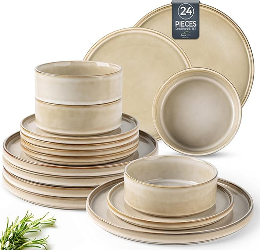 AmorArc Ceramic Dinnerware Sets, Handmade Reactive Glaze Stoneware Plates and Bowls Sets,Highly Chip and Crack Resistant | Dishwasher & Microwave Safe Dishes Set, Service for 8 (24pc)