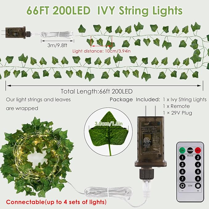 OMIKA Vine with Fairy Lights Plug in, 66FT 200 LED Ivy String Lights Connectable with Remote, Leaf Light Waterproof for Bedroom, Room, Wall, Garden, Party, Wedding Decor (Warm White)