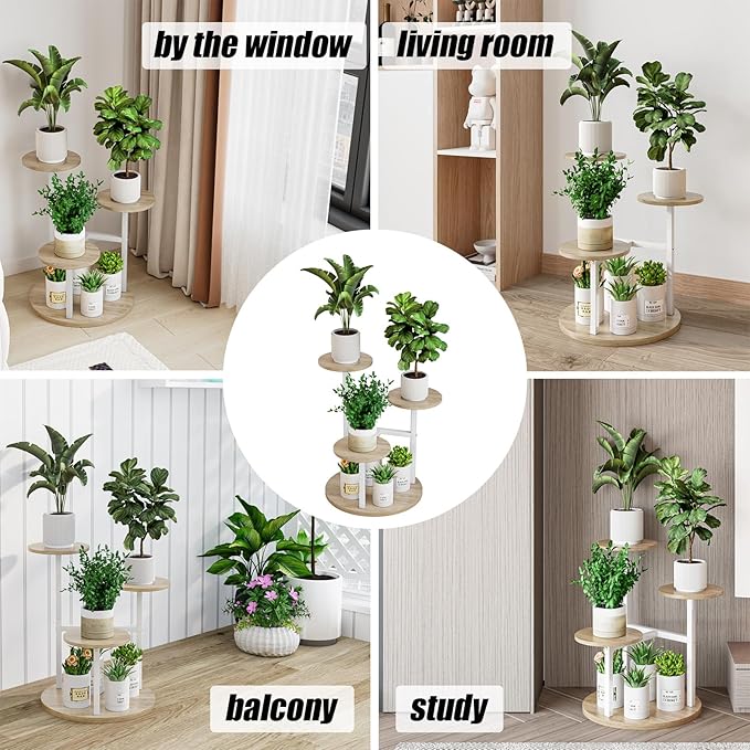 Plant Stand Indoor 4 Tier 5 Potted Multiple Flower Pot Holder for Patio Garden Balcony Living Room Corner (4 Tier White+Sonoma Oa)
