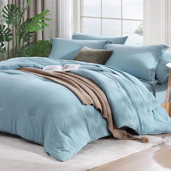 WRENSONG Full Size Comforter Sets- 7 Pieces Soft Blue Bed in a Bag with Fitted Sheet, Flat Sheet, 2 Pillow Shams, 2 Pillowcases, Warm Bedding Sets for All Season