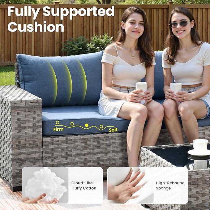 ovios 8 Pieces Patio Furniture Set, Outdoor Wicker Sectional Sofa with Swivel Chair Coffee Table, Modern Modular Deep Seat Rattan Couch Conversation Sets, Denim Blue