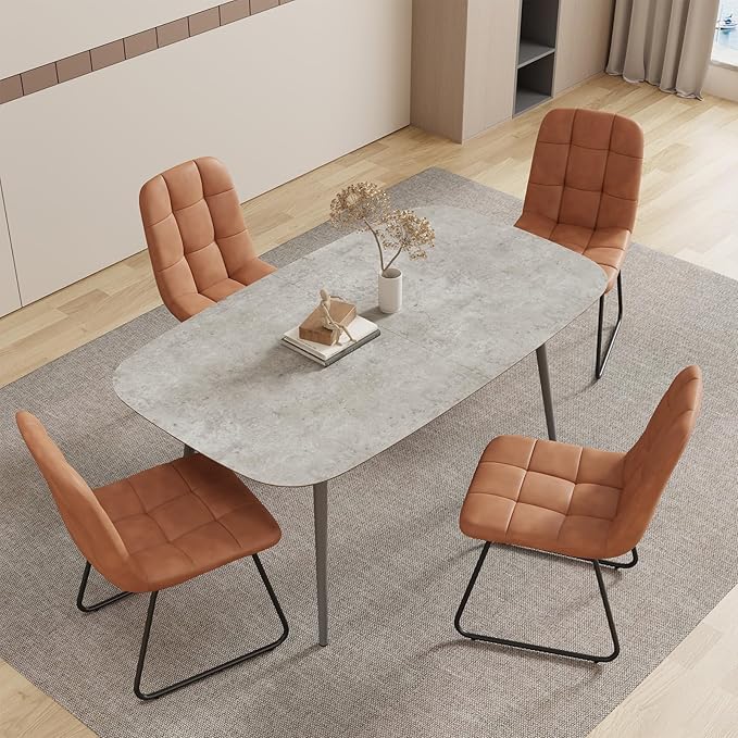 55.1'' Dining Table Set for 4,Modern Wood Dining Table,Leather Dining Chairs 4,Table and Chairs Set of 4,Ideal for Kitchen Dining Room (Gray Table + 4 U-Shaped Brown Chairs, 55.1")