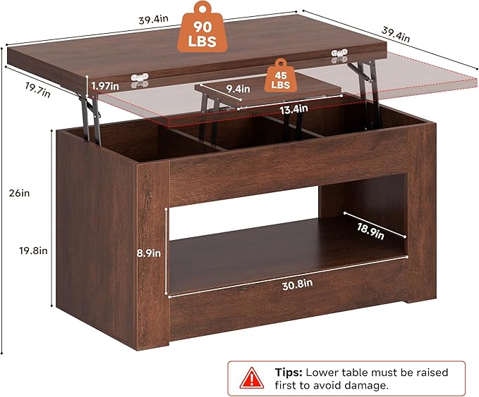 40" Lift Top Coffee Table, 4 in 1 Multi-Function Lift Coffee Table with Storage and Hidden Compartment, Convertible Coffee Tables to Dining Table for Living Room, Walnut