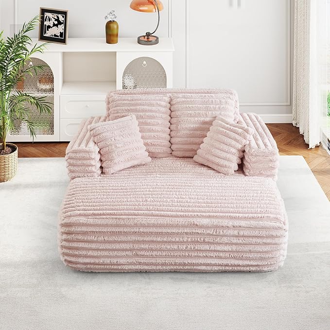 56"W Oversized Chaise Lounge Chair Indoor,Plush Faux Fur Sleeper Sofa Couch Bed with Pillows&Wide Armrest,Fluffy Comfy Cloud Sofa,Compression Foam Boneless Couch for Living Room,Bedroom(Pink)