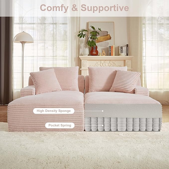 GNIXUU 78.8" Oversized Double Chaise Lounges Indoor, 2 Pieces Comfy Corduroy Chaise Lounge Chair Cloud Boneless Couch, Fluffy Upholstered Sleeper Loveseat Bed for Living Room Bedroom Reading(Pink)