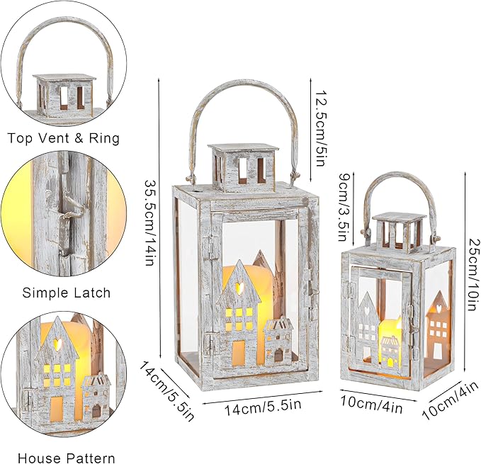 TRIROCKS Halloween Candle Lantern 6 &11" H Vintage Metal Candle Holders Set of 2 Outdoor Lanterns for Garden, Living Room, Indoor & Outdoor (Gray with Gold Brush)