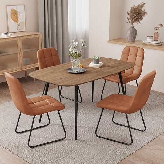 47.2'' Dining Table Set for 4,Modern Wood Dining Table,Leather Dining Chairs 4,Table and Chairs Set of 4,Ideal for Kitchen Dining Room (Walnut Color Table + 4 U-Shaped Brown Chairs, 47.2")