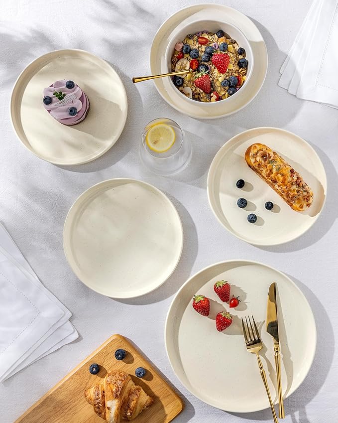 TheTerra Ceramic Dinnerware Sets for 4, 12 Pieces Porcelain Lightweight Plates and Bowls Sets, Scratch Resistant Dish Set, Oven & Microwave & Dishwasher Safe, Beige Speckled