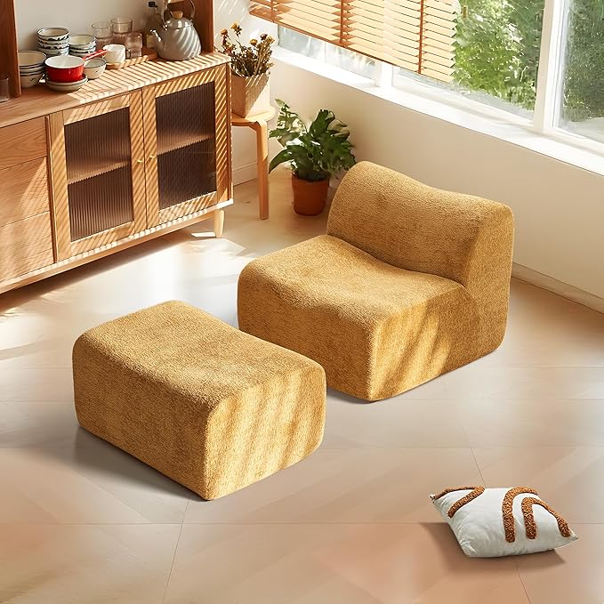 Lazy Sofa Chair, Modern Comfy Raindrop Velvet Fabric Deep Seat Armless Lounge Chair Movable Ottoman Set, 1-Seater Modular Sectional Sleeper Couch for Living Room, Bedroom, Office, Salon,Yellow