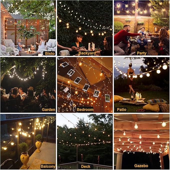 Outdoor String Lights 50FT G40 LED Globe Bulbs - Shatterproof, Connectable, Waterproof - 27 Bulbs (2 Extra), 25 E12 Hanging Lights for Patio, Bistro, Pergola, Gazebo