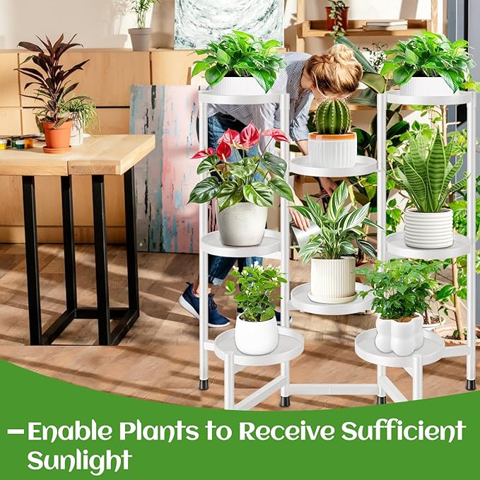8 Tier Plant Stand Indoor Tall, Tiered Plant Stands Outdoor for Multiple Plants, Corner Metal Folding Flower Display Holders Rack Shelf for Living Room Balcony Garden, Cream White