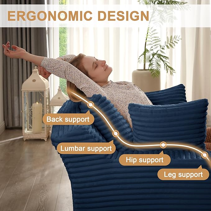 Boneless Couch Sofa Chiar Chaise Lounge Chair Indoor Upholstered Corduroy Couch Cloud Sleeper Sofa Oversized Reading Chair for Living Room No Assembly Required (Blue, 50" W x 67" D)