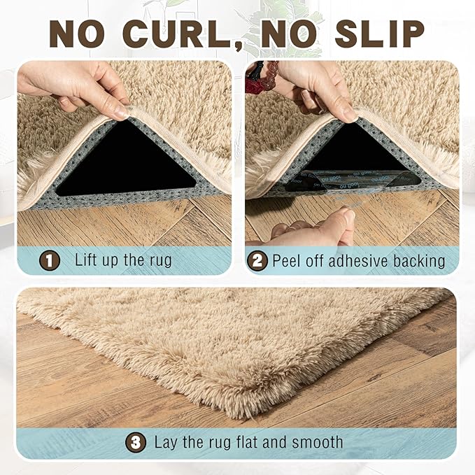 4x6 Area Rug for Bedroom, Soft Rugs for Living Room Nursery Kids Room Dorm Home Decor Aesthetic, Fluffy Shaggy Rug with 4 Anti-Slip Carpet Tapes, Light Tan