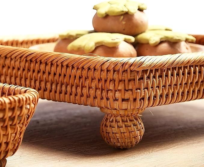 i-lan 9" Square Rattan Decorative Riser for Display,Small Items Serving Basket Vanity Tray - Square Woven Bread, Fruit, Keys Bowl Pedestal Stand,Flat Wicker Decorative Snack Trays for Candy Dish