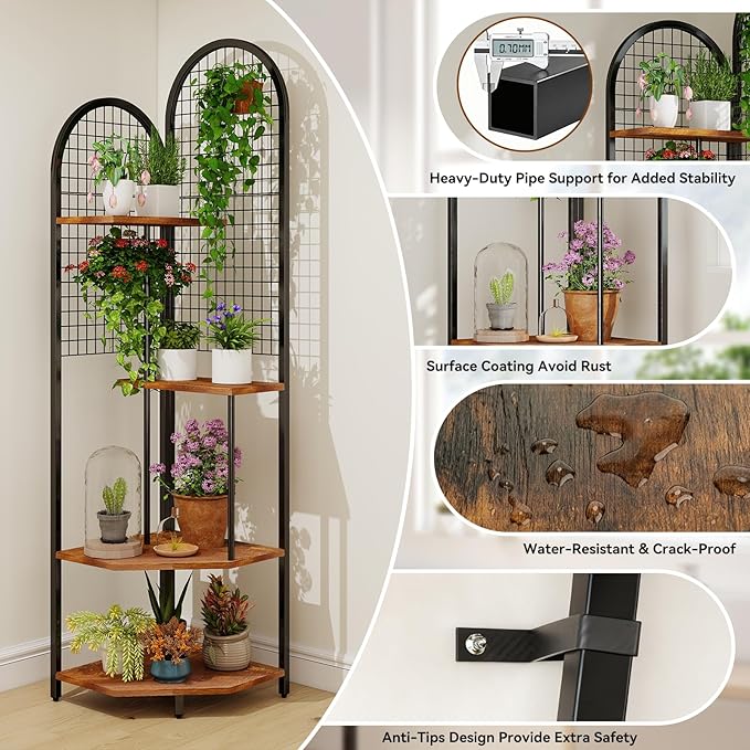 4-Tier Plant Stand with Grow Lights, 63in Tall Corner Shelf for Indoor Plant, 3-Color Adjustable Full-Spectrum Light, Multifunctional Flower Display Rack for Living Room, Patio, Hallway, Black