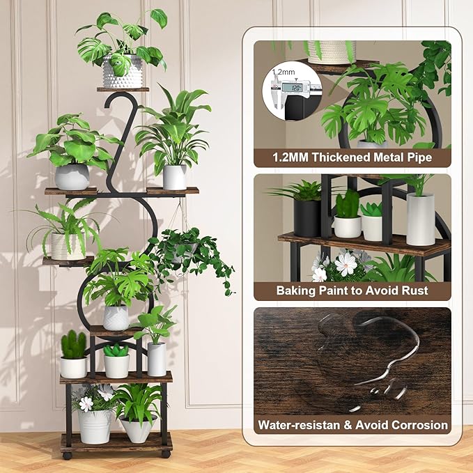 Plant Stand with Grow Lights, 8 Tiered 64" Corner Plant Stand, Metal Plant Shelf Indoor with Wheel, Large Plant Stands, Flower Rack Display for Living Room, Garden, Patio-Thick 1.2MM Steel Frame
