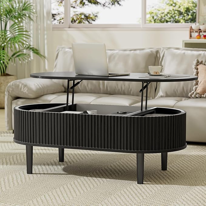 EAG Fluted Lift Top Coffee Table with Hidden Compartment, 39 Inch Modern Oval Coffee Table with 3 Storage, Fully Wooden Assembled Center Table for Living Room, Office, Black