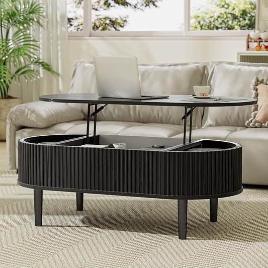 EAG Fluted Lift Top Coffee Table with Hidden Compartment, 39 Inch Modern Oval Coffee Table with 3 Storage, Fully Wooden Assembled Center Table for Living Room, Office, Black