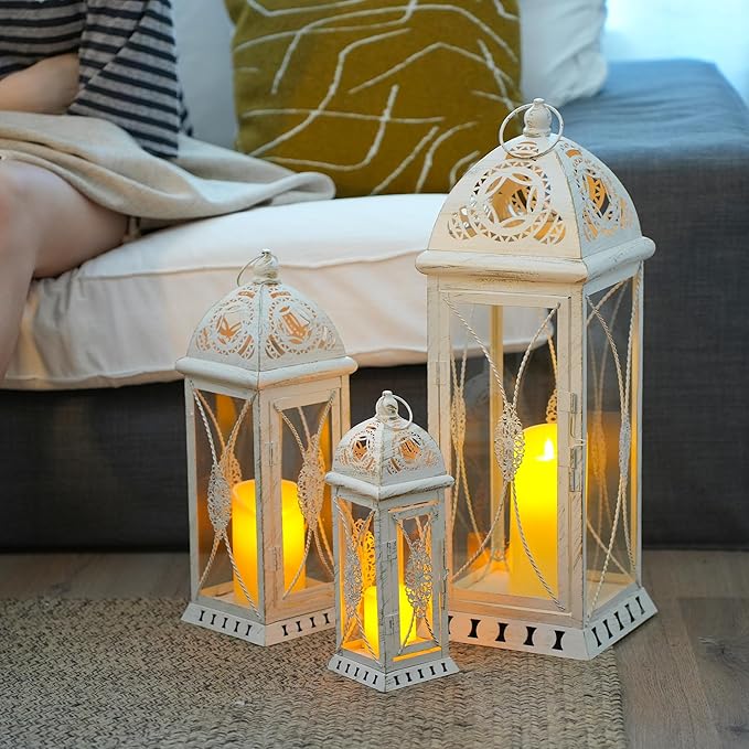 TRIROCKS Set of 3 Decorative Candle Lanterns 22''&16"&11" H Vintage Metal Candle Holders for Garden Yard Patio Wedding Parties Events Indoors Outdoors(Beige with Gold Brush)