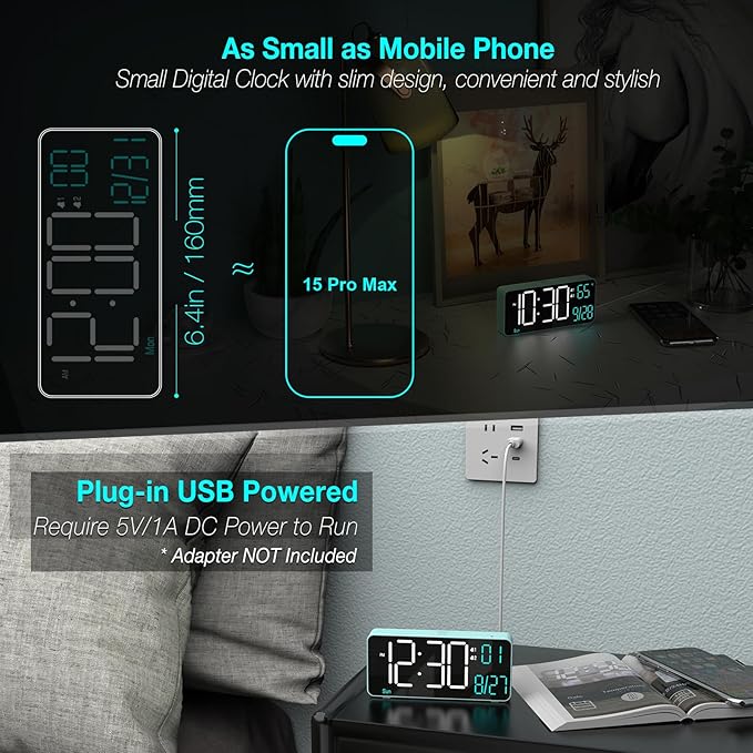 KOSUMOSU Digital Alarm Clock for Bedroom, 6.7in Desk Clock LED, Auto Dimming, Room Temperature, Day of The Week, Date, Seconds, Clocks for Living Room, Alarm Clocks for Bedrooms