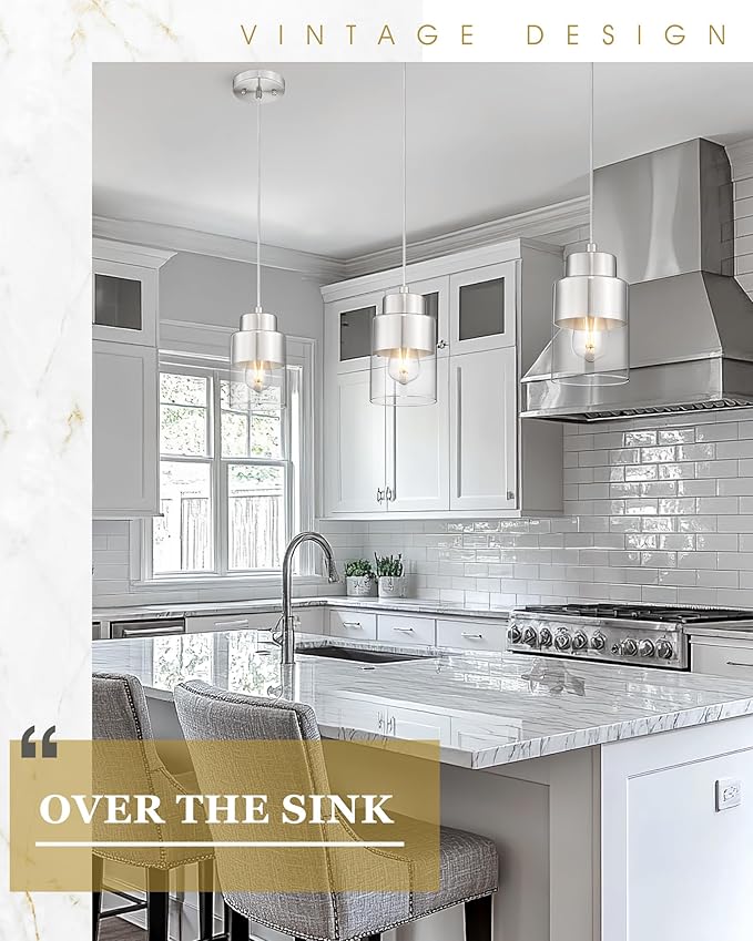 Pendant Lights Kitchen Island, Brushed Nickel Dual Shade Hanging Lights Fixtures with Metal and Clear Glass, Modern Kitchen Pendant Lighting Over Island for Dining Room, AD-24022-1P-SN