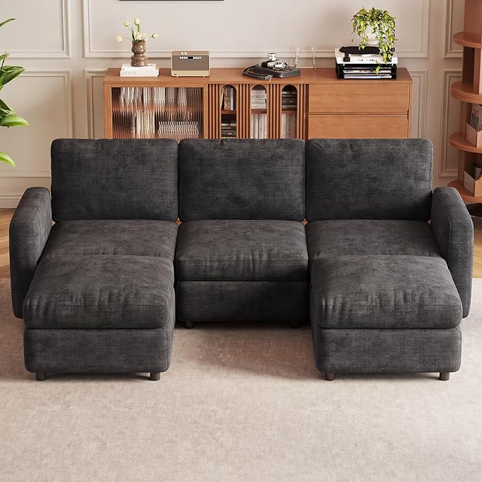 Modular Sectional Sofa with 2 Ottomans, Large Deep Seat L-Shaped Couch for Living Room, Oversized Velvet Loveseat, Modern Family Sofa Set with Storage, Comfy Grey Sofa Bed Sleeper