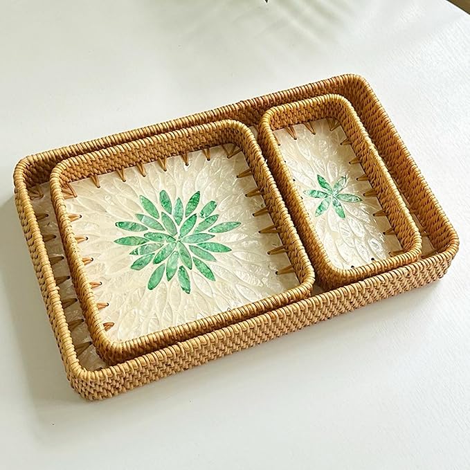 i-lan Set of 3 15 Inch Rattan Woven Serving Tray Basket with Handles and MOP Wooden Base, Boho Wicker Coffee Table Décor Serving Tray with 2 Inch Wall, Handmade Display Basket for Everywhere