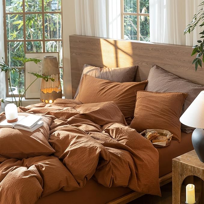 MooMee Wavy Striped Duvet Cover Set 100% Washed Cotton Linen Like Textured Breathable Durable Soft Comfy (Dark Orange, Twin 68"x90")