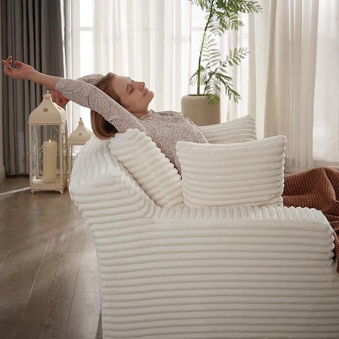 GNIXUU Oversized Chaise Lounge Chair Indoor, Comfy Corduroy Boneless Couch Reading Chair with 3 Pillows, Plush Memory Foam Sleeper Chair Lounge Sofa Bed for Living Room, Beige, No Assembly Required