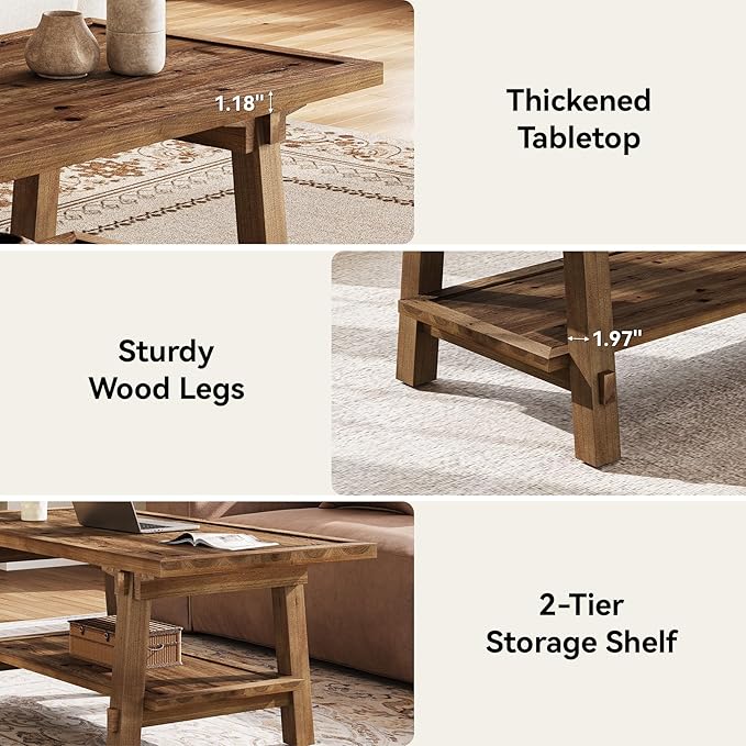 Solid Wood Coffee Table, 47-Inch Farmhouse Rectangle Coffee Table for Living Room, 2-Tier Rustic Wooden Center Furniture with Storage, Vintage Brown