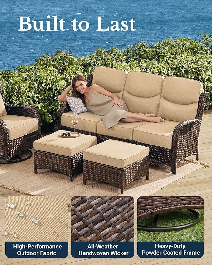HILLGA Luxury Patio Furniture Set with 6-Inch Thick Cushions, High Back Outdoor Swivel Rocker Chairs and Patio Loveseat, 5-Piece All Weather Conversation Set for Porch Deck Pool Yard, Beige (V3)
