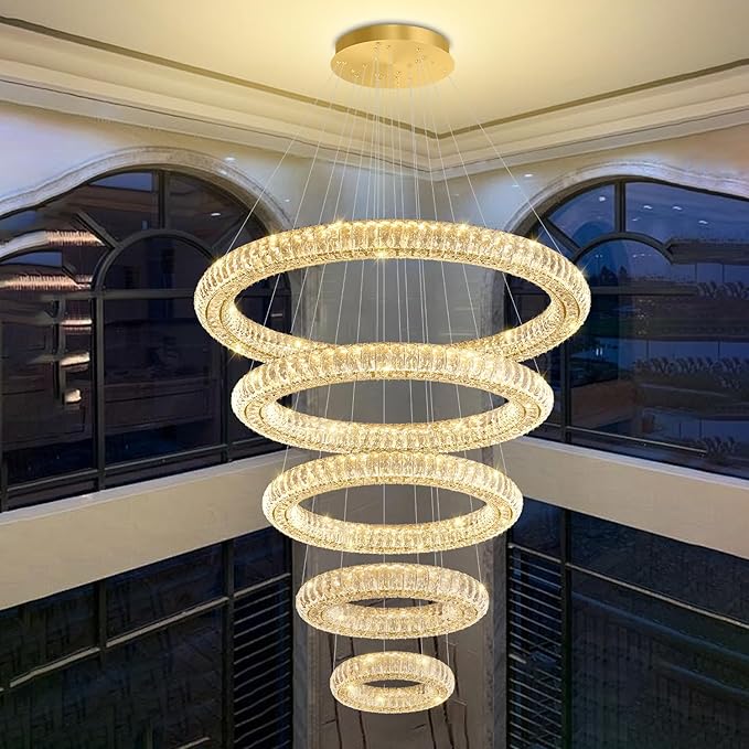 Gold 5 Ring Chandelier Modern Crystal Chandelier Lighting for Staircase, LED Foyer Ceiling Lights Fixtures High Ceiling Chandeliers, D8''+15.7"+23.6"+31.5"+39.4"