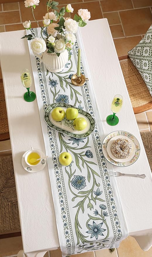 ISAENNE Designer Elegant Linen Table Runner 87 Inches Long,Vintage Blue Floral Pattern Decor Table Runners for Dining Tables,Kitchen Tables,Thanksgiving,Christmas,Banquet,12"*87"-Mosella E