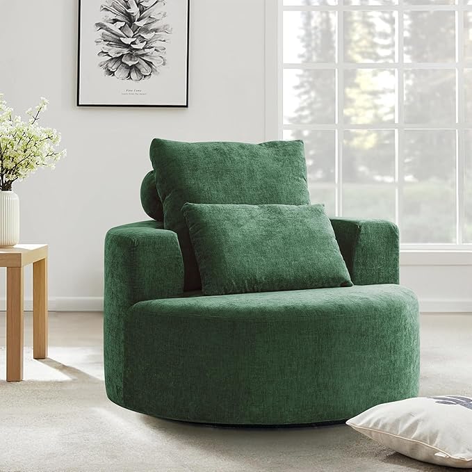 Furnimart 40" Oversized Barrel Accent Chair Set of 2, 360° Swivel Round Upholstered Sofa, Chenille High-Resilience Sponge, No Assembly, Wide Seat for Living Room, Bedroom, Apartment (Green)