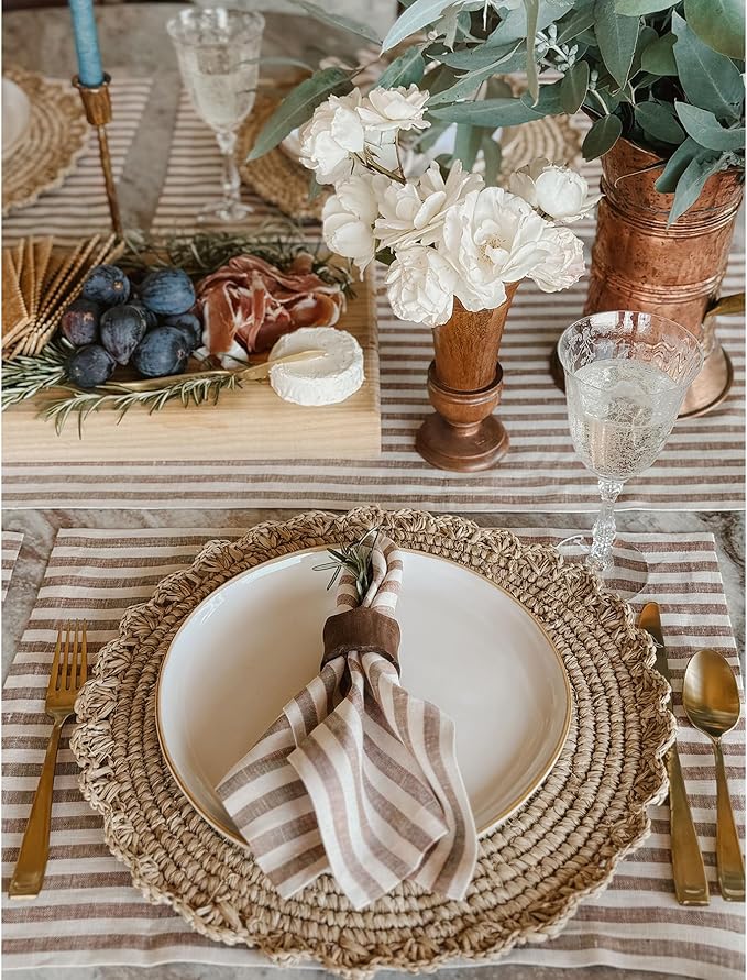 Solino Home Linen Cloth Napkins Set of 4-100% Pure Linen Brown and Cream Striped Dinner Napkins 20 x 20 Inch for Fall, Autumn, Thanksgiving - Amalfi Stripe, Handcrafted and Machine Washable