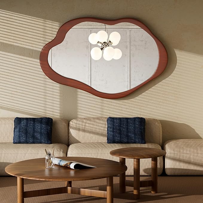 Wavy Cloud Mirror - Irregular Wall Mirror With Wood Frame, Modern Decorative With Hanging Hooks, Asymmetrical for Bedroom Living Room Entryway (Walnut, 41'' 28'')