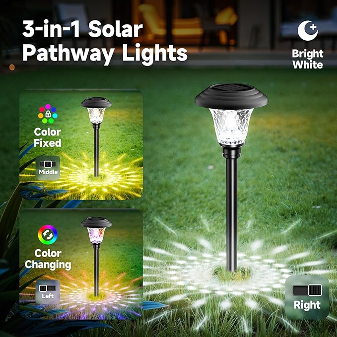 Beau Jardin 8 Pack Solar Pathway Lights Stainless Steel Outdoor Solar Powered Light Waterproof Glass High Lumen for Garden Landscape Path Yard Walkway Patio Driveway Outside White Color Changing Black