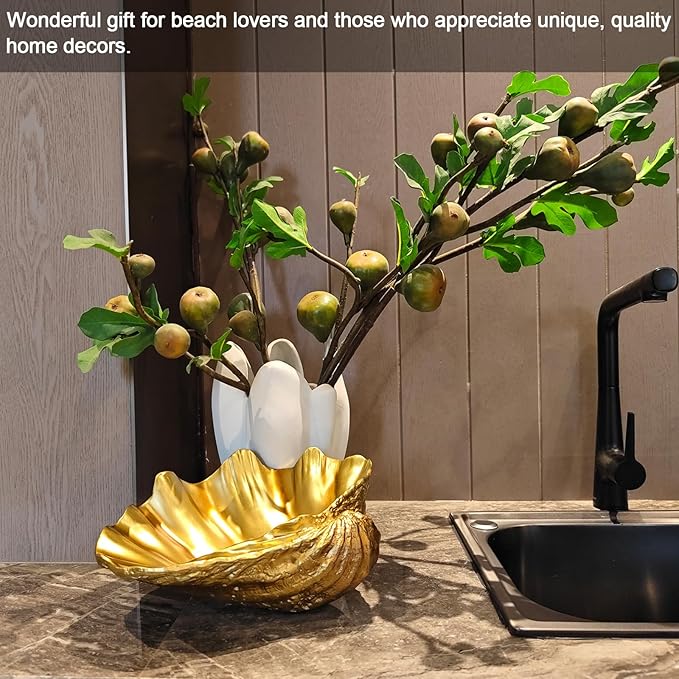 Large Gold Scalloped Clam Shell Bowl Sea Shell Decor for Nautical Beach House,Coastal Decor Gift of Housewarming and Wedding Party