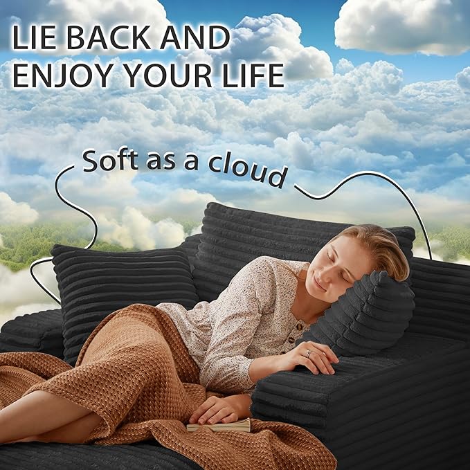 Boneless Couch Sofa Chiar Chaise Lounge Chair Indoor Upholstered Corduroy Couch Cloud Sleeper Sofa Oversized Reading Chair for Living Room No Assembly Required (Black, 50" W x 80" D)