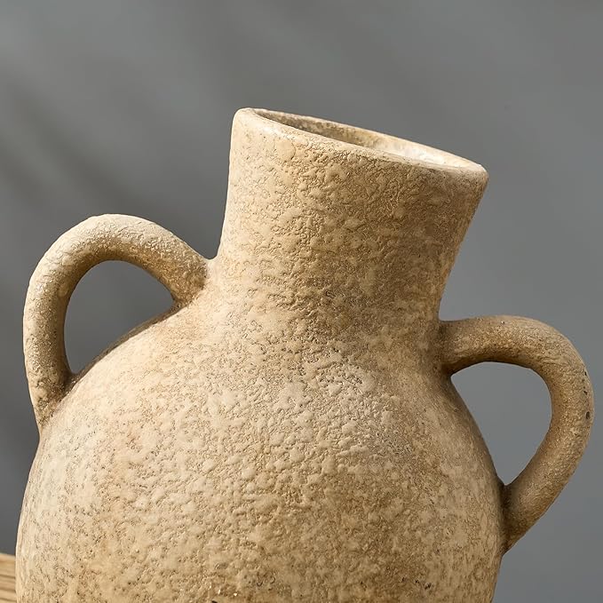 SIDUCAL Rustic Ceramic Farmhouse Flower Vase with 2 Handles, Terracotta Vase, Decorative Pottery Flower for Home Decor, Table, Wedding, Living Room, Shelf Decor, 7.3 Inch, Brown