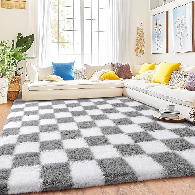 Checkered Rug for Living Room 8x10, Ultra Fluffy Fuzzy Shag Large Area Rug for Bedroom, Modern Plush Soft Upgrade Non-Slip Carpet for Kids Girls and Boys Room Dorm Home Decor, White and Grey