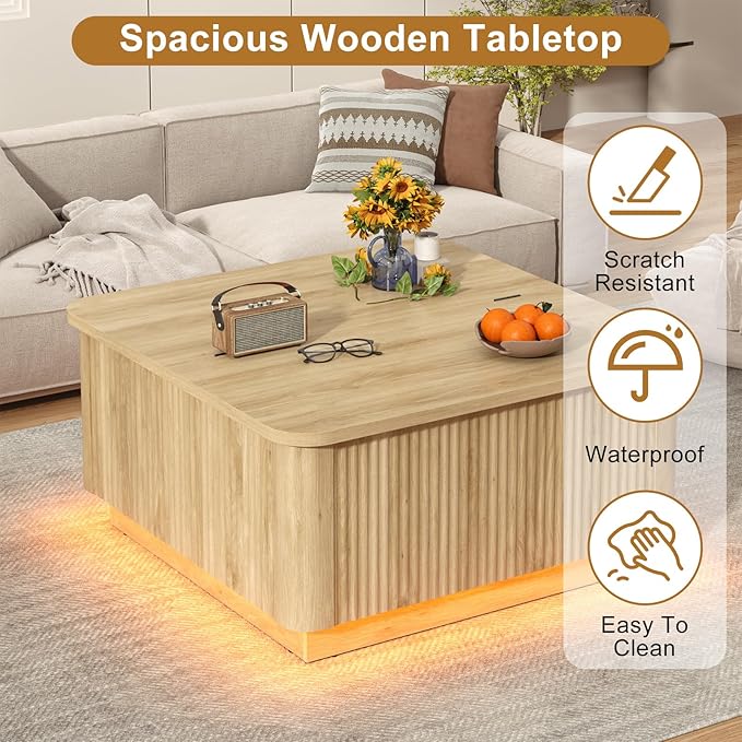 Lift Top Coffee Table with Storage,Wood Square Coffee Tables W/6000-Colors Lighting,Multi-Function Groove Texture Center Table W/Large Hidden Space for Living Room,Bedroom,Home,Office(OAK)