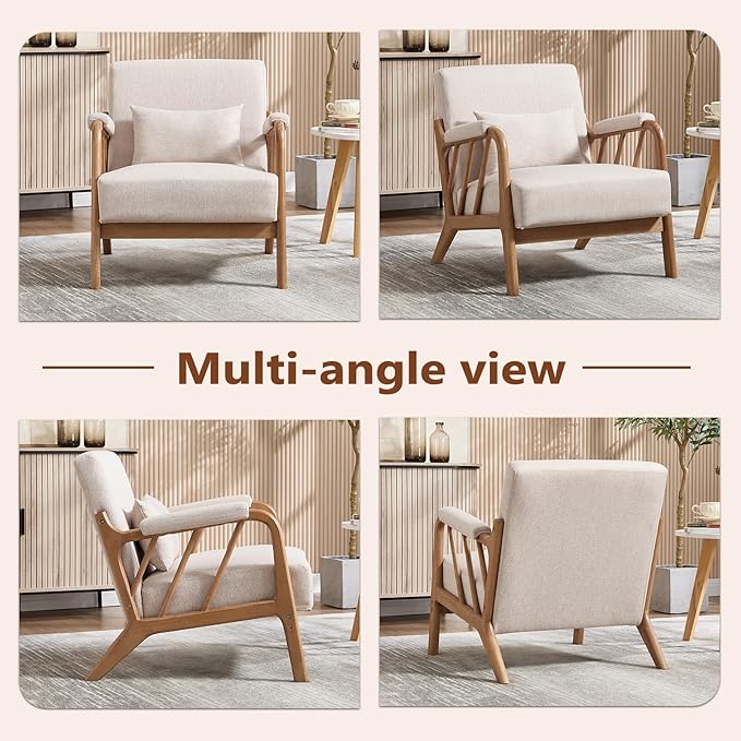ANJ Mid Century Modern Accent Chair Set of 2，Living Room Chairs with Wood Frame &Lumbar Pillow, Upholstered Reading Armchair for Bedroom