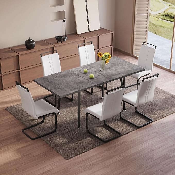 7 Piece Dining Table Set for 6-8,55-71" Extendable Dining Table Set with 6 Upholstered Chairs,Rectangle Kitchen Table Set for Small Space,Dining Room and Office,Grey
